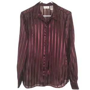 Burgundy Sheer Satin Stripes Blouse, Size Large